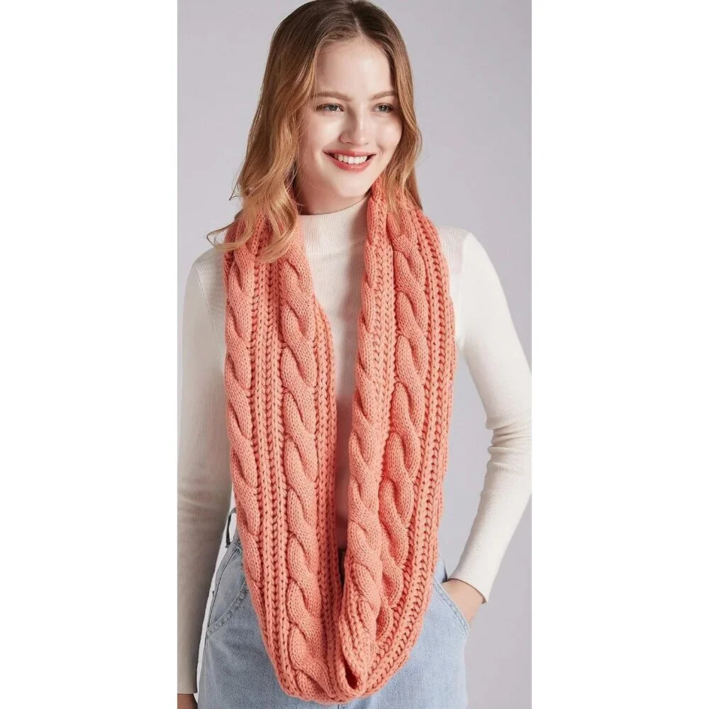 Women's Twist Pink Thick Ribbed Knit Winter Infinity Circle Loop Scarf